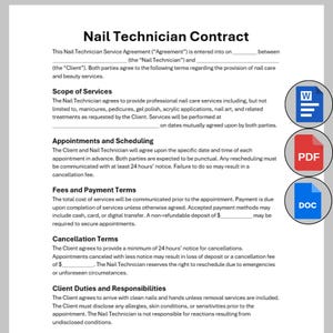 May include: A Nail Technician Contract document with sections on services, appointments, fees, and responsibilities. Includes icons for Word, PDF, and DOC files. The contract outlines terms for nail care and beauty services.