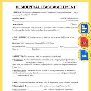 May include: A residential lease agreement document with the title "RESIDENTIAL LEASE AGREEMENT" at the top. The document includes sections for parties, property, lease type, and rent. Icons for Word, PDF, and DOC files are on the right.