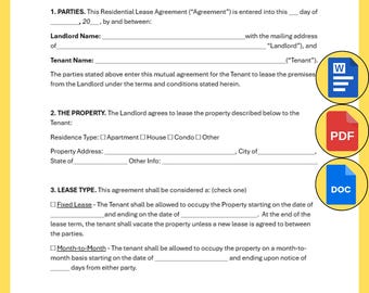 Printable Lease Agreement Simple Template, Renters Lease Agreement Residential Tenant, House Lease Agreement Home Housing, Lease Contract