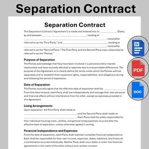 Puede incluir: Un documento titulado "Contrato de Separación" con texto y tres iconos: un icono de documento Word azul, un icono PDF rojo y un icono DOC azul. El contrato describe los términos de la separación.