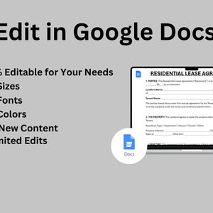 May include: A laptop screen displays a "Residential Lease Agreement" document. Text on the screen reads "Edit in Google Docs" and lists features like editable sizes, fonts, and colors. A blue Docs icon is visible.