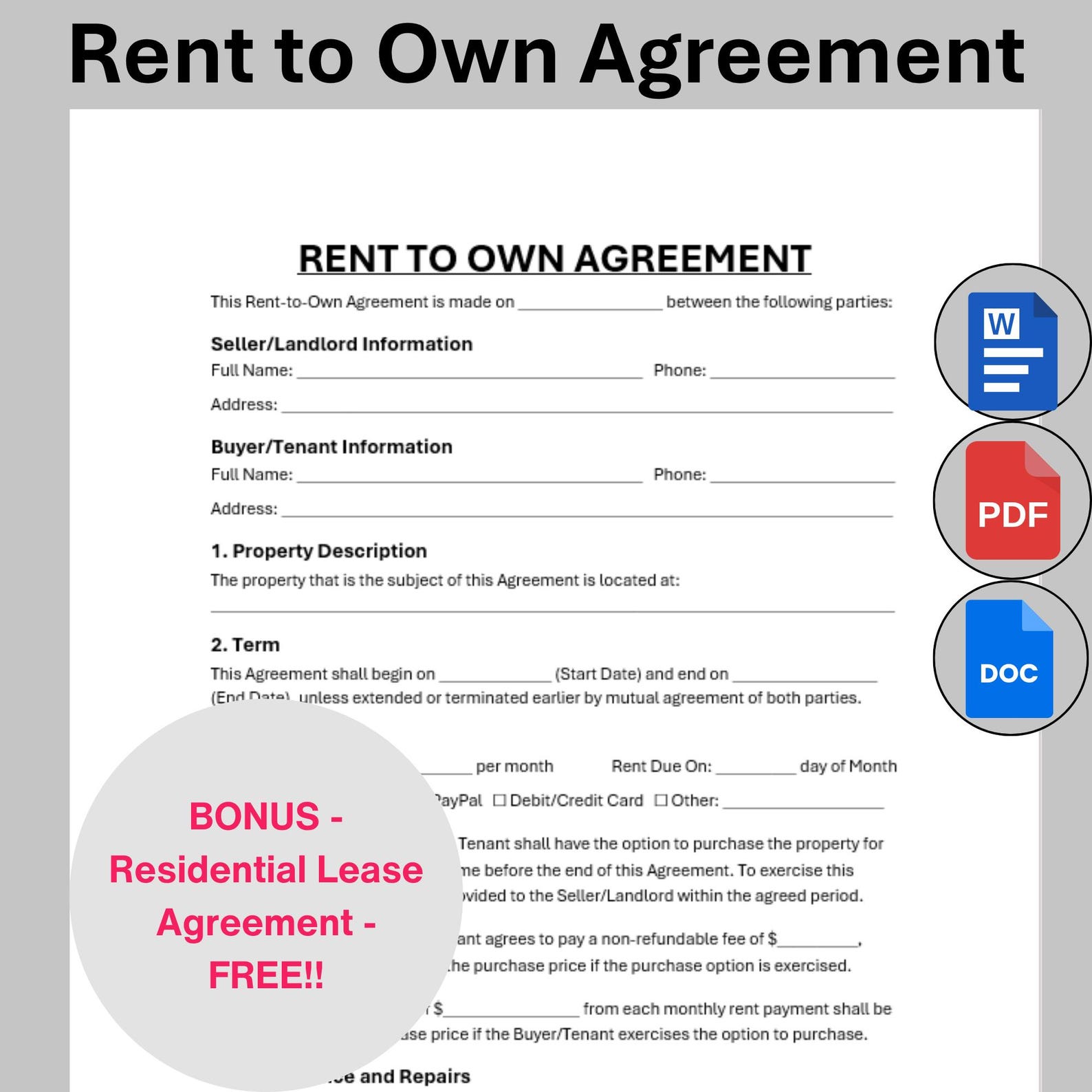 Own Not Rent Editable Rent to Own Agreement Template, Simple Lease to Own Option ...