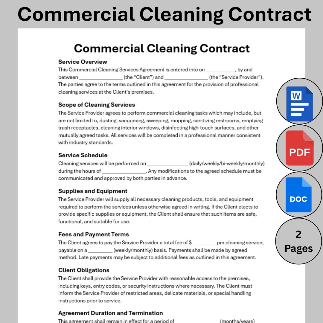 Commercial Cleaning Contract Template, Customizable Cleaning Agreement ...