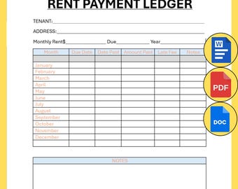 Bewerkbare sjabloon huurbetalingen, afdrukbare huurbetalingstracker, maandelijkse huurbetalingstracker, huurlogboek, MS Word Google Docs pdf