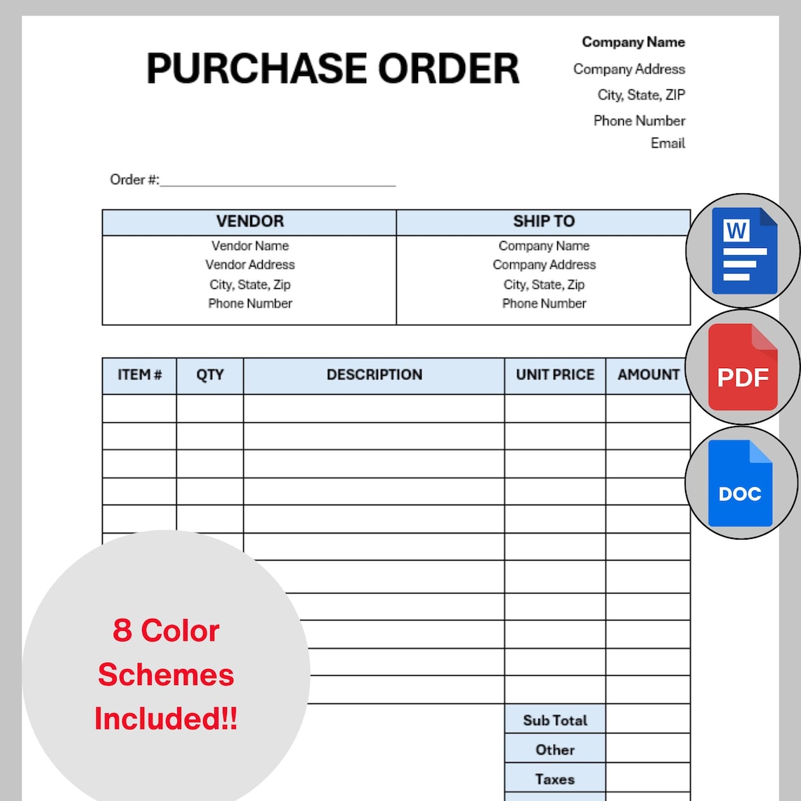 Editable Purchase Order Template, Printable PO Form, Small Business ...