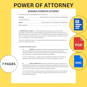 Durable Power of Attorney Editable Template. Durable Power of Attorney Printable Form. POA Editable Form.  POA Agreement. PDF Google Docs