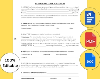 Rental Agreement 1 Page Editable Template. One Page Lease Agreement. Simple Lease.  Landlord Rental Form.  Residential Housing PDF