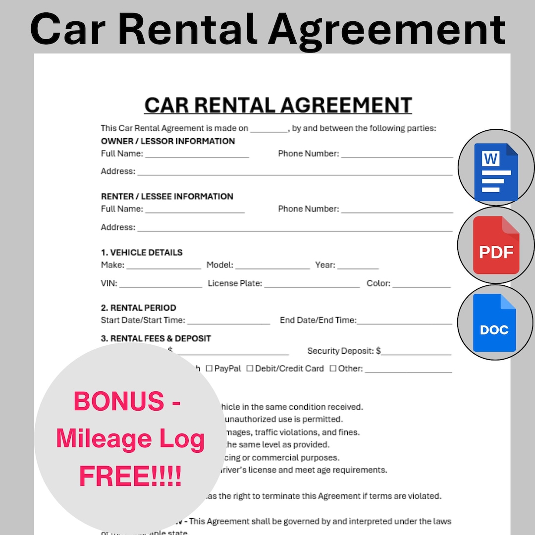Editable Car Rental Agreement Template, Single Page Car Rental Contract ...