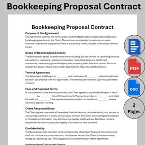 May include: A bookkeeping proposal contract document with the title "Bookkeeping Proposal Contract" at the top. The document includes sections on the purpose, scope, and terms of the agreement. Icons for Word, PDF, and DOC files are visible.