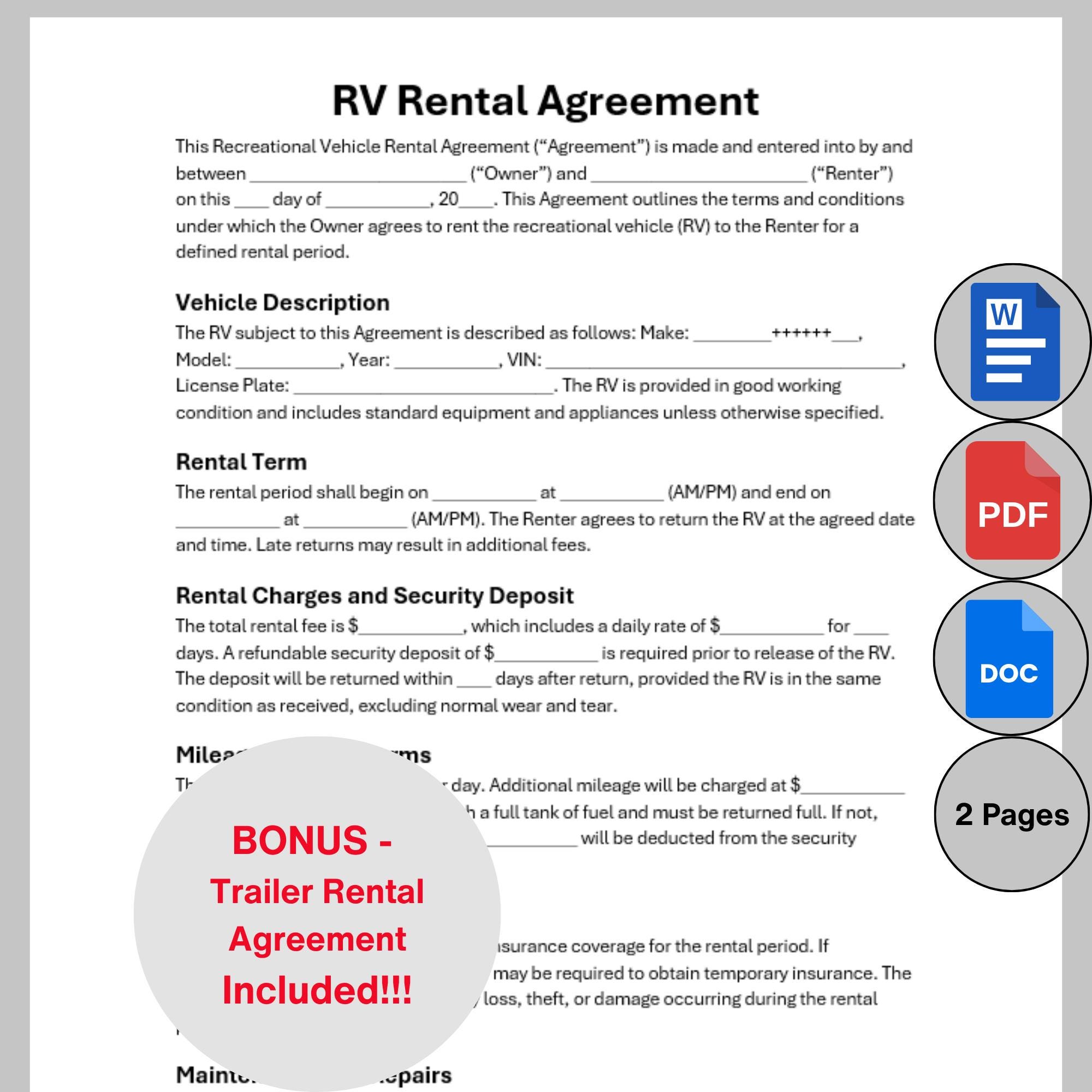 RV Rental Agreement Template, Editable Camper Rental Contract ...