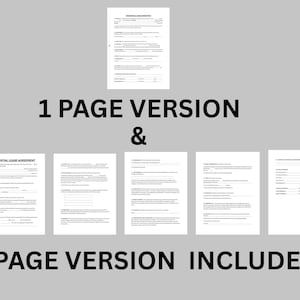 May include: A residential lease agreement document is displayed, with the text "1 PAGE VERSION & 5 PAGE VERSION INCLUDED". The image shows a single-page version and a five-page version of the document.