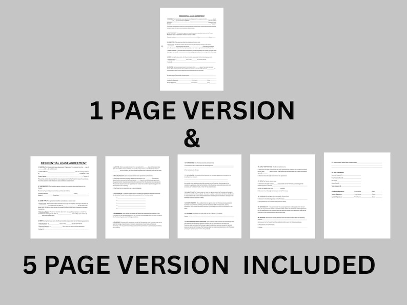 May include: A residential lease agreement document is displayed, with the text "1 PAGE VERSION & 5 PAGE VERSION INCLUDED". The image shows a single-page version and a five-page version of the document.