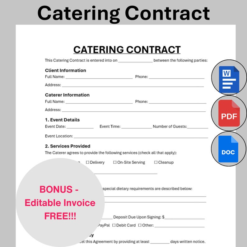catering order bundle, catering template, editable... Editable Catering Contract Template, Single Page Catering Service ...