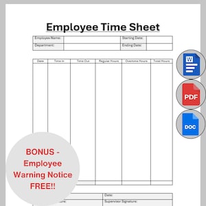 Employee Time Sheet Template,  Editable Work Schedule Hours Time Card Tracker, Printable Employee Timesheet Scheduling, Clock In Clock Out