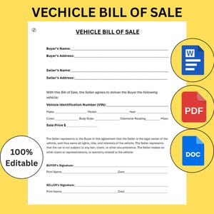 以下が含まれることがあります： 購入者と販売者の情報、車両の詳細、署名のためのフィールドを備えた車両売買契約テンプレート。 Word、PDF、DOC形式のアイコンが含まれています。 ドキュメントは100％編集可能と表示されています。