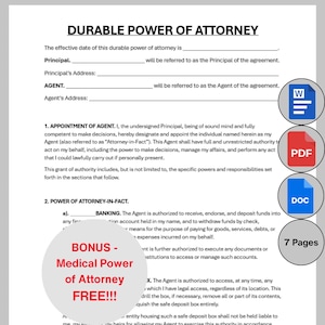Durable Power of Attorney Template, POA Form Printable, Financial Power of Attorney, Editable Word PDF Legal Document Instant Download