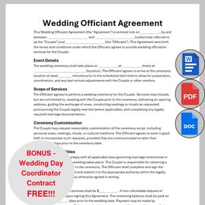 May include: A Wedding Officiant Agreement document with text and icons for Word, PDF, and DOC formats. The document includes sections for event details, scope of services, and ceremony customization. A bonus offer for a free Wedding Day Coordinator Contract is also displayed.