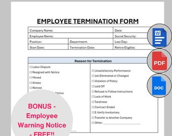 Employee Termination Form Editable, Printable Employee Off Boarding Template, HR Job Work Terminate Employee Separation Policy Notice PDF