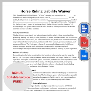 May include: A horse riding liability waiver document with text, a bonus offer for an editable invoice, and icons for Word, PDF, and DOC formats. The document outlines risks and releases of liability.
