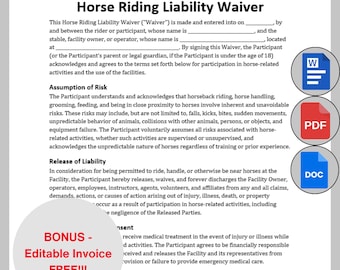 Customizable Horse Riding Waiver Form, Equine Liability Waiver Template, Printable Horse Rental Consent, Equestrian Horseback Agreement PDF