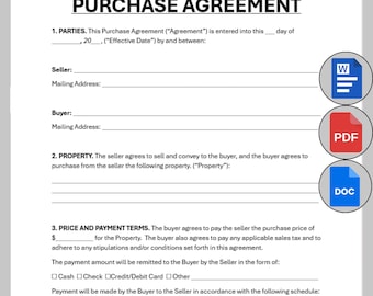 May include: A white document titled "PURCHASE AGREEMENT" with fillable fields for seller, buyer, and property details. Includes icons for Word, PDF, and DOC formats. The document outlines price and payment terms.