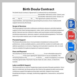 Op de afbeelding: Een Birth Doula Contract document met tekst over diensten, tarieven en ondersteuningsdetails. Bevat pictogrammen voor Word-, PDF- en DOC-formaten, plus een '2 Pagina's'-indicator. Het contract omvat prenatale, bevalling en geboorte ondersteuning.