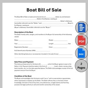 May include: A Boat Bill of Sale document with fillable fields for boat details, sale price, and buyer/seller information. Includes icons for Word, PDF, and DOC formats, along with a '2 Pages' indicator.