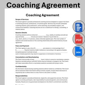 Modello di contratto di coaching, modulo di contratto di coaching personalizzabile, moduli di servizio di coaching modificabili, PDF stampabile per clienti di coaching