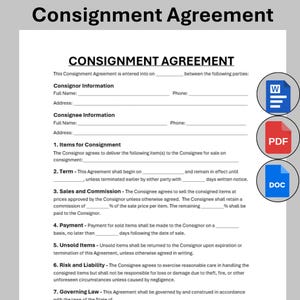 May include: A consignment agreement document titled "Consignment Agreement". It features sections for consignor and consignee details, terms, sales, commission, payment, and liability. Icons for Word, PDF, and DOC files are visible on the right side of the document.