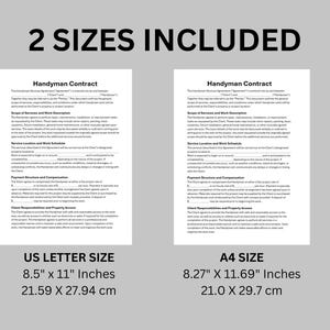 May include: Two handyman contracts are displayed, one in US Letter size (8.5" x 11" / 21.59 x 27.94 cm) and the other in A4 size (8.27" x 11.69" / 21.0 x 29.7 cm). The text "2 SIZES INCLUDED" is at the top. The contracts are on a light gray background.