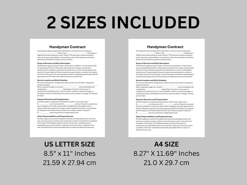 May include: Two handyman contracts are displayed, one in US Letter size (8.5" x 11" / 21.59 x 27.94 cm) and the other in A4 size (8.27" x 11.69" / 21.0 x 29.7 cm). The text "2 SIZES INCLUDED" is at the top. The contracts are on a light gray background.