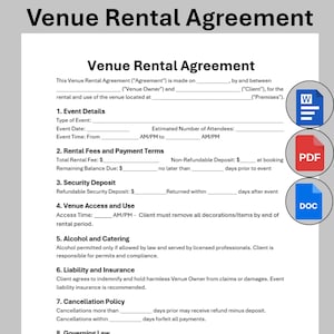 Puede incluir: Documento de contrato de alquiler de local, con secciones para detalles del evento, tarifas de alquiler y acceso al local. Incluye iconos para formatos Word, PDF y DOC. Fondo blanco.