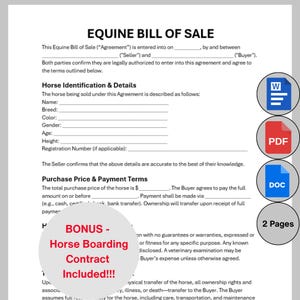 May include: Equine Bill of Sale document with fields for horse identification, purchase price, and payment terms. Includes a bonus horse boarding contract. Features icons for Word, PDF, and DOC formats, along with a '2 Pages' indicator.