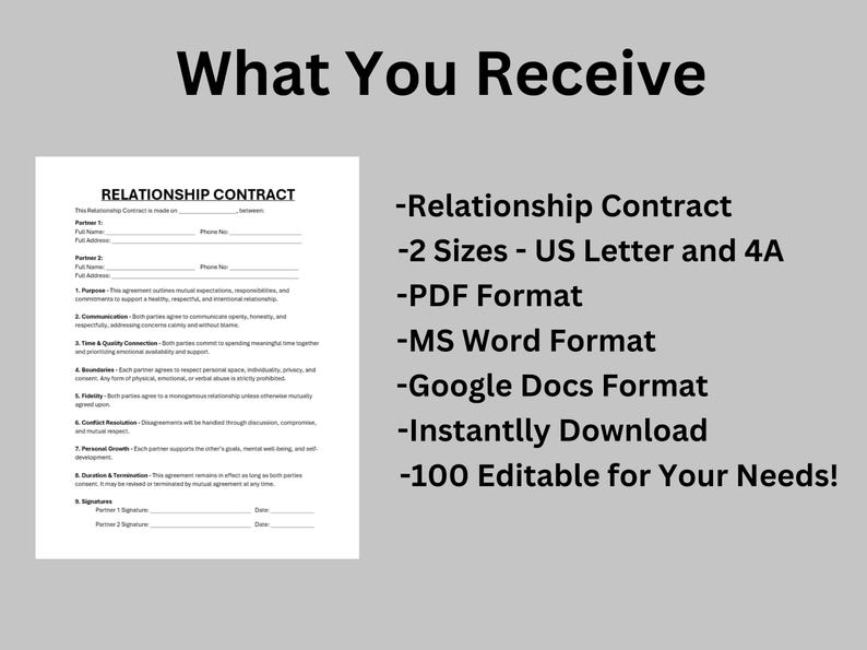 Editable Relationship Contract Template Form, Single Page Couples ...