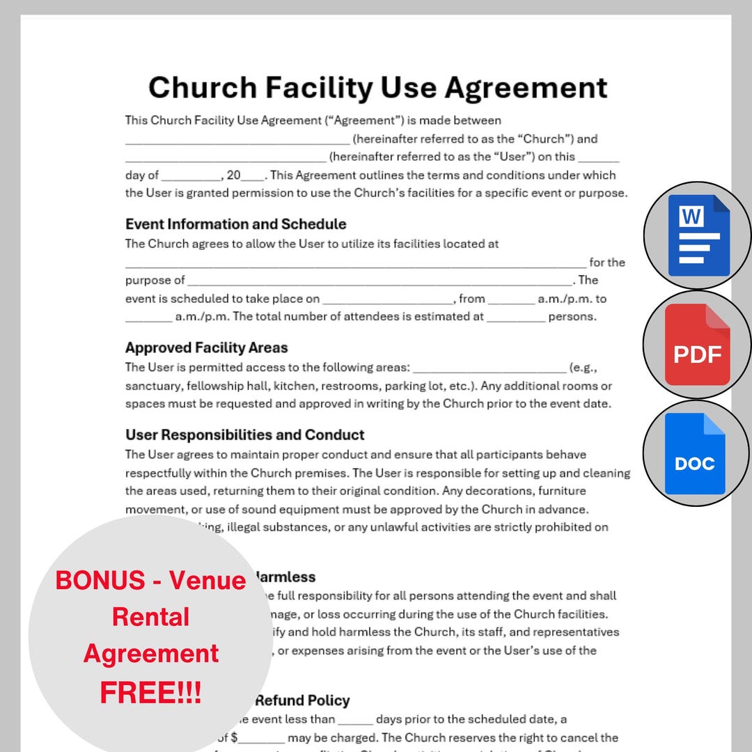 Church Facility Use Contract, Customizable Church Rental Agreement ...
