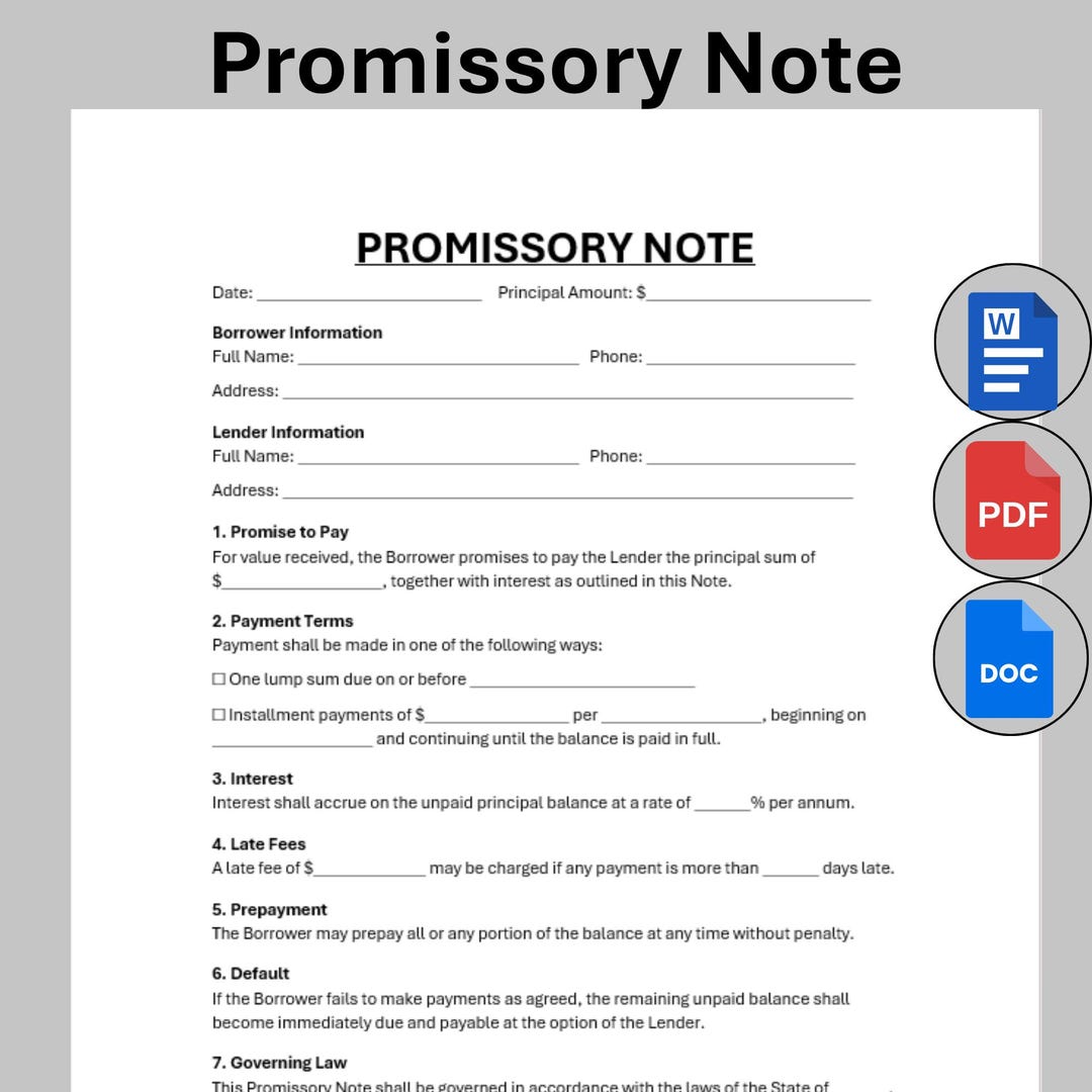 Editable Promissory Note Template, Single Page Personal Loan Agreement ...