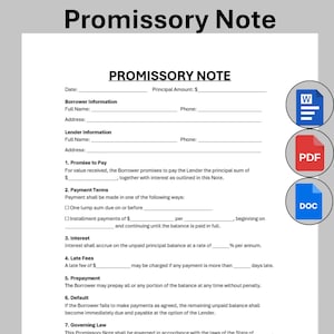 May include: A white promissory note template with the title "Promissory Note" at the top. The document includes fields for borrower and lender information, payment terms, and interest rates. Icons for Word, PDF, and DOC files are on the right.