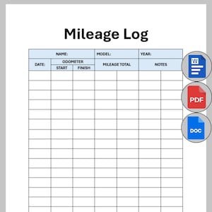 Mileage Tracker, Printable Mileage Log, Work Trip Miles Tracker, Business Mileage Log, Monthly Travel Mileage Form, Editable MS Word & PDF