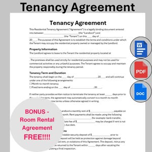 May include: A tenancy agreement document titled "Tenancy Agreement". It includes sections for property information, tenancy term, and duration. A bonus offer for a Room Rental Agreement is also included.
