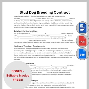 May include: A Stud Dog Breeding Contract document with text, including details for stud and dam, health requirements, and agreements. Includes a bonus offer for an editable invoice. Features PDF, DOC, and Word document icons.
