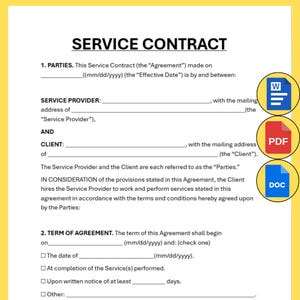 Service Contract Agreement Form Work Employee Business Client Professional Editable Printable Template Customizable PDF MS Word Google Docs