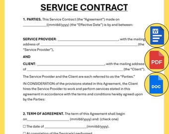 Service Contract Agreement Form Work Employee Business Client Professional Editable Printable Template Customizable PDF MS Word Google Docs