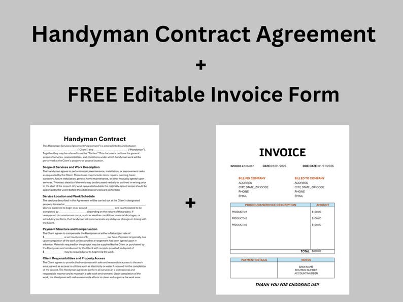 May include: A digital graphic featuring a handyman contract and an invoice form. The text "Handyman Contract Agreement + FREE Editable Invoice Form" is at the top. The contract and invoice are on white paper with black text.