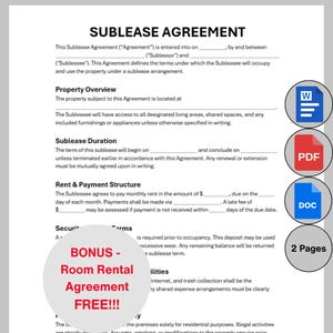 Könnte beinhalten: Ein weißes Dokument mit dem Titel „UNTERMIETVERTRAG“ mit ausfüllbaren Feldern. Enthält Symbole für Word-, PDF- und DOC-Formate sowie eine „2 Seiten“-Anzeige. Ein Bonusangebot für einen kostenlosen Mietvertrag für Zimmer wird ebenfalls angezeigt.