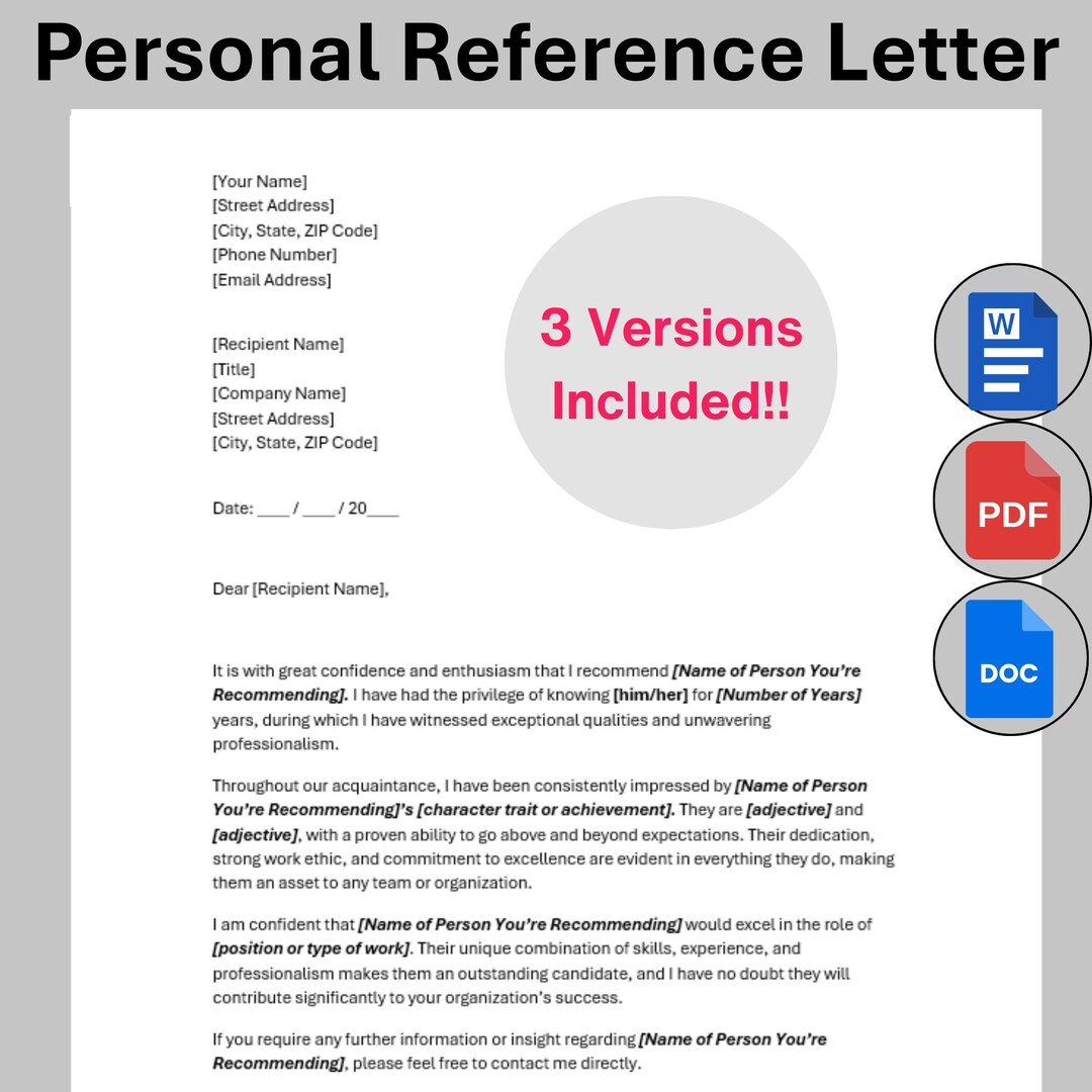Personal Reference Letter Template, Printable Letter of Character ...