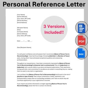 May include: A template for a personal reference letter, featuring placeholders for recipient and recommender details. The design includes a pink circle with the text "3 Versions Included!!" and icons for Word, PDF, and DOC formats.