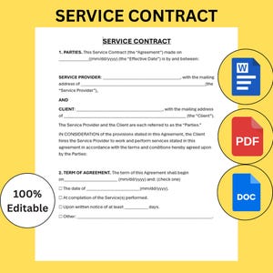 Könnte beinhalten: Eine weiße Servicevertragsvorlage mit dem Titel "SERVICE CONTRACT" in fetten schwarzen Buchstaben. Das Dokument enthält Abschnitte für Parteien, Dienstanbieter, Kunden und Laufzeit der Vereinbarung. Symbole für Word-, PDF- und DOC-Dateien befinden sich oben rechts.