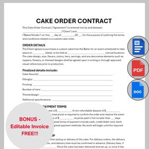 May include: A white Cake Order Contract document with sections for order details and payment terms. Includes a bonus editable invoice. Icons for Word, PDF, and DOC files are visible. Measurements are in metric.
