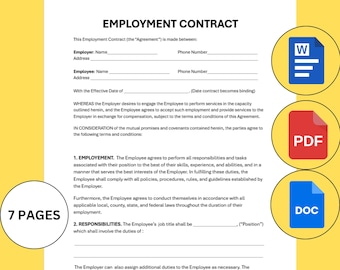 Employment Contract Template Editable Printable, Employment Service Agreement, HR Employee Employer Form, Work Contract Form, PDF MS Word