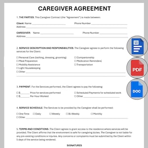Editable Caregiver Contract Template, Single Page Homecare Agreement, Printable Nanny Contract Form, Elder Care Contract, Caregiver Forms